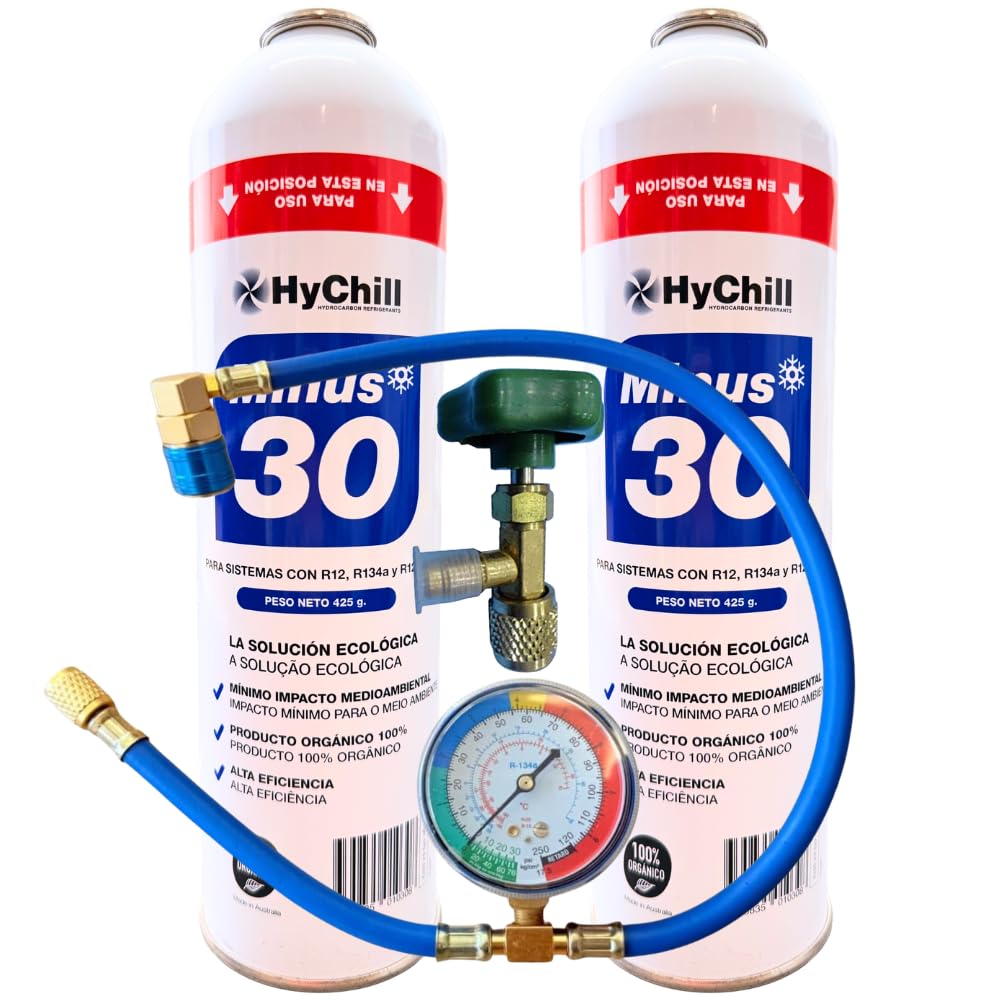 2 Minus 30 Refrigerante con Manómetro | Técnico 995ml 425gr | Gas Ecológico para Aire Acondicionado y Frío Automoción | Alta Eficiencia Uso Profesional