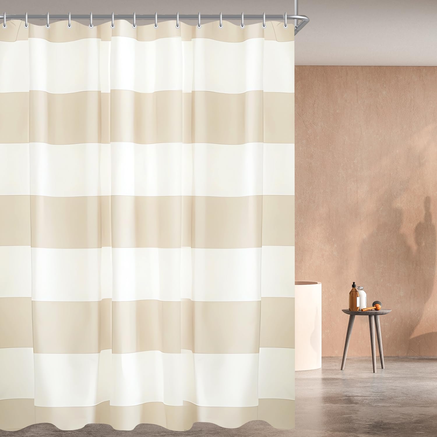 Lerores Cortina de ducha de 120 x 180 cm, diseño a rayas beis, dobladillo con peso, tela antimoho, impermeable, lavable, de poliéster con ojales y 8 anillos de cortina de ducha para baño, bañera