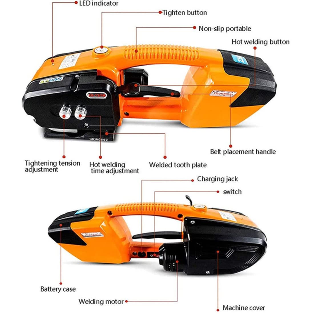 électrique Portable Cercleuse Automatique, Machine de cerclage de Batterie, Alimentation par Batterie 3000 mAh, pour Emballage Automatique Sangle PP/Pet,Orange