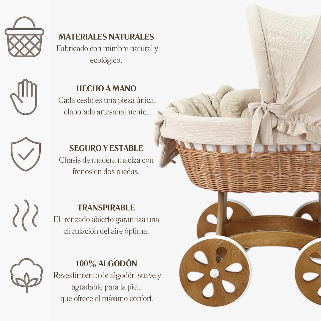 Wiklinopol Moisés de Mimbre para Bebé con Soporte de Madera y Ruedas Annabell – Cuna con Colchón y Ropa de Cama 5 Piezas Muselina Beige – Cochecito Natural para Recién Nacido