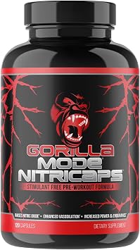 Gorilla Mode NitricapsTM - Stimulant Free Pre-Workout Capsules - Massive Pumps Vasodilation Performance - Nitrosigine, Agmatine Sulfate, VasoDrive-AP, Electrolytes / 120 Capsules