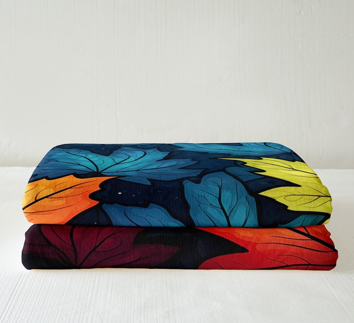 Erosebridal Rainbow Leaf Throw Blanket Queen for Kids Boys Girls Autumn Leaves Blanket,Blue Orange Sherpa Blanket Tropical Botanical Fleece Blanket White Polka Dots Bed Blanket,Cozy