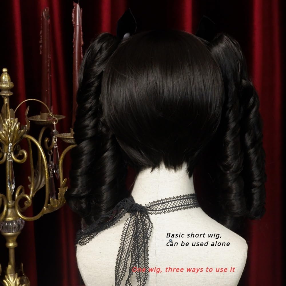 Perruques Bouclées Romaines Rétro Pour Femmes Perruque Luxueuse Noire Courte Avec Pince À Griffes 2 Queues De Cheval Coiffant Une Frange Lolita Cheveux Synthétiques Fête D'halloween