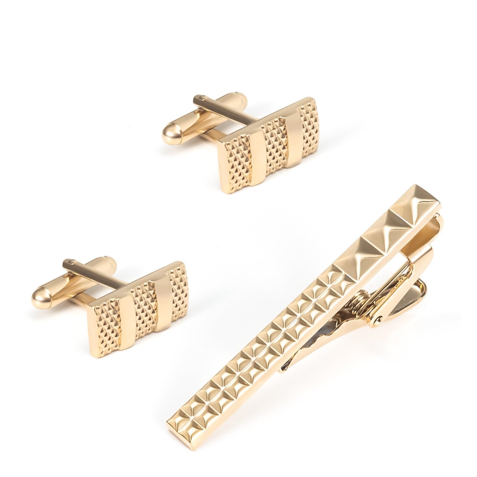 Set di Gemelli con Clip per Colletto in Metallo galvanizzato e Maglia, Gemelli francesi da Uomo