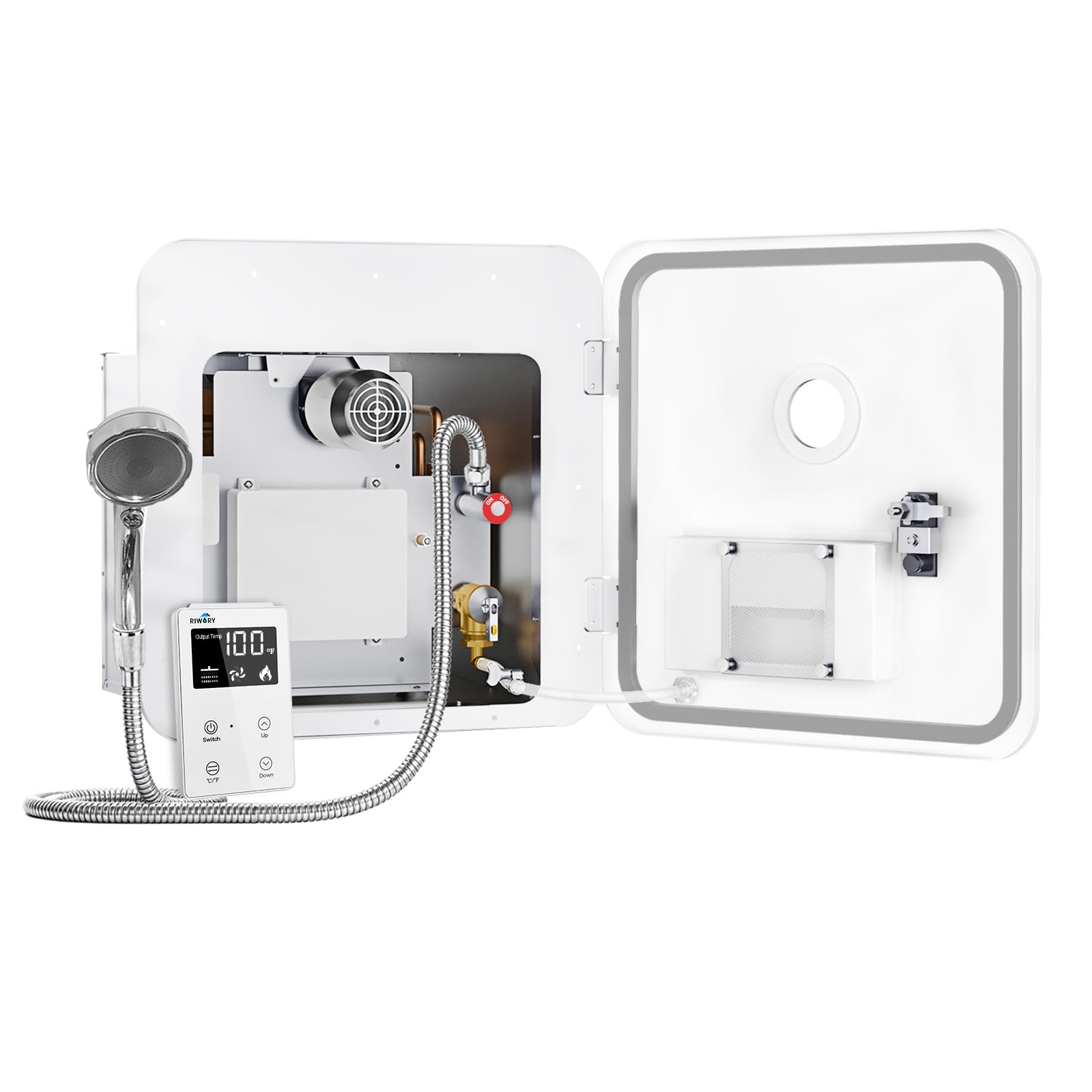 RV Tankless Water Heater with 18x18 White Door, Propane, DC 12V