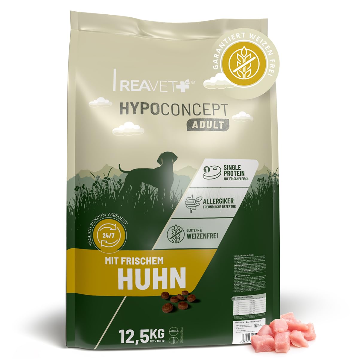 ReaVET HYPOCONCEPT Hundetrockenfutter Huhn – Single-Protein mit Frischfleisch I Weizenfrei & ohne Zucker Trockenfutter für alle Hunde & Rassen, auch für Sensible Hunde & allergikerfreundlich I 12,5kg
