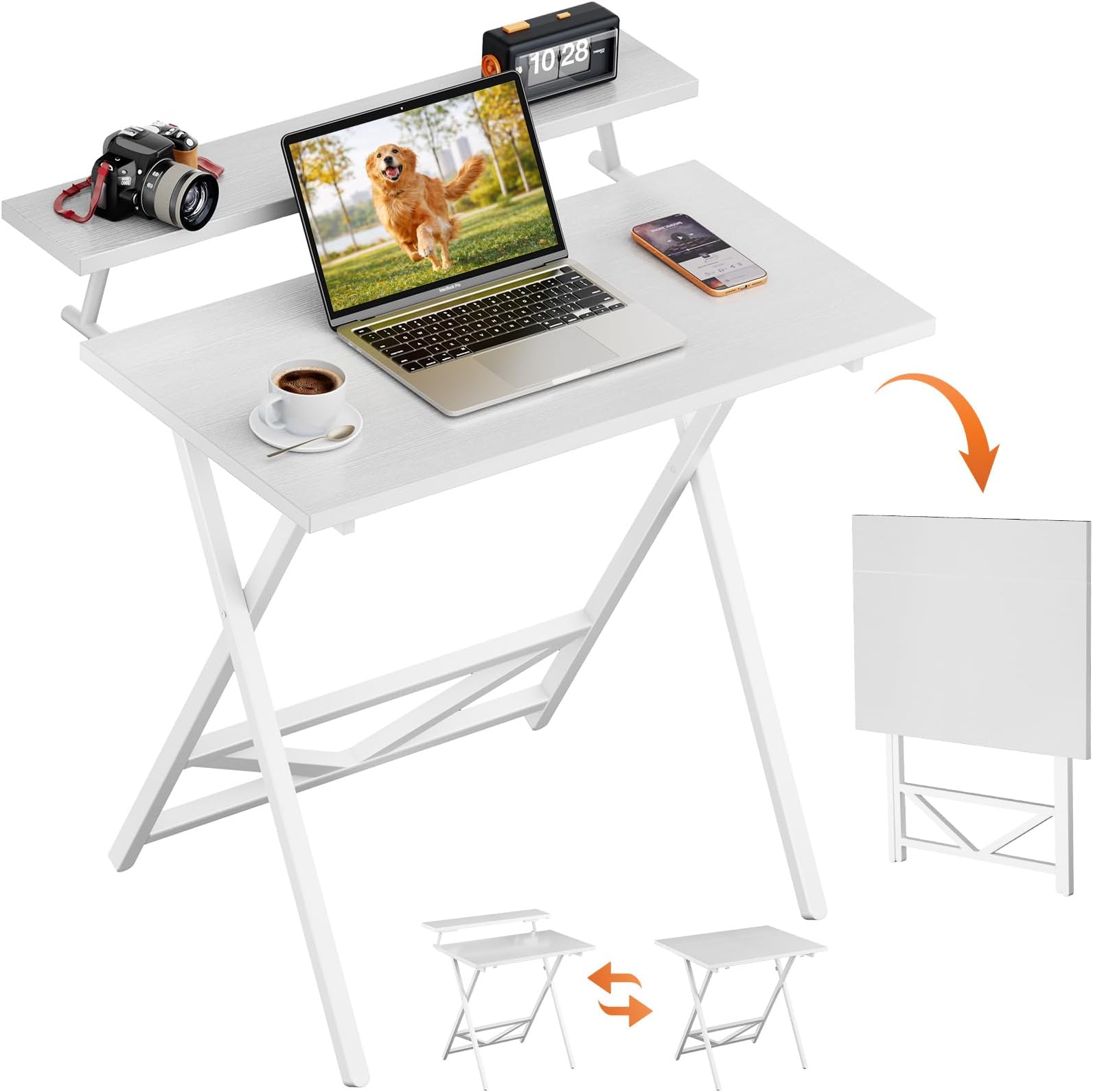 WOHOMO Folding Computer Desk with Adjustable Height, 23.6" x 31.5" x 25.6" Foldable Table with Monitor Stand, Small Office Desk for Bedroom, Space Saving Desk for Home Office, Easy Assemble, White