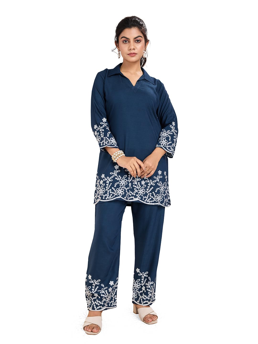 veda fab Women's Cotton Muslin White Floral Embroidery 3/4 Sleeves V-Collar Neck Co-Ord Set-picture-36