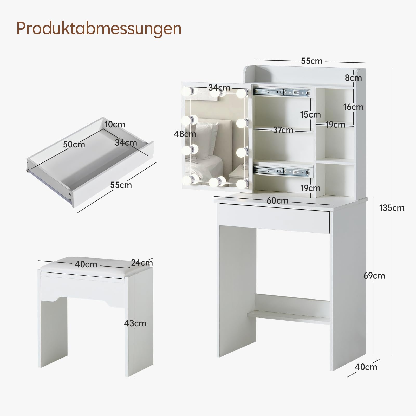 TUKAILAI Schminktisch mit Beleuchtung, Weiß Kosmetiktisch mit Schiebespiegel, Großer Schublade & Regalen, Frisiertisch Schmal mit Stuhl klein Schminktisch für Schlafzimmer 60x40x130cm