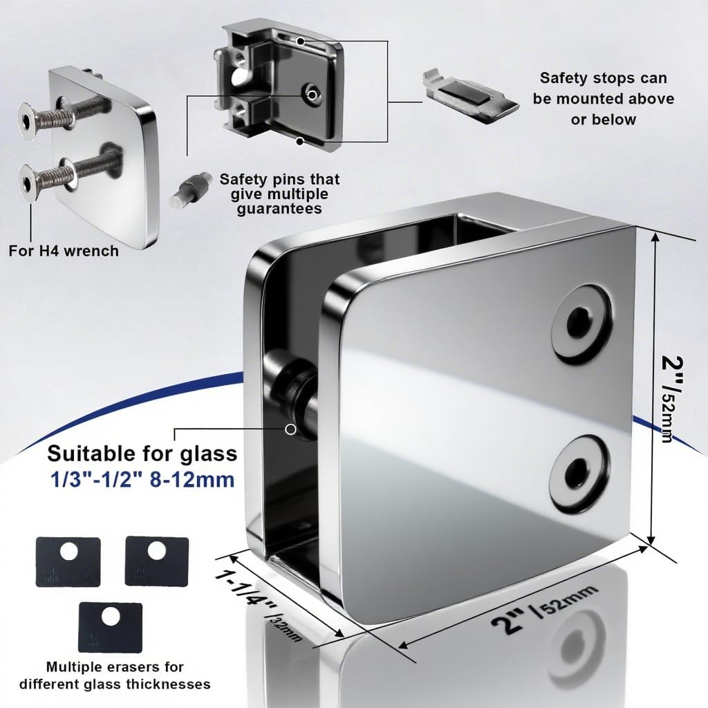 Glass Clamp - 4PCS Bracket for 1/3"-1/2" Tempered Glass, Stainless Steel 304 Flat Back Square Clip for Balustrade, Staircase, Handrail, Holder Metal Casting Mirror(LIUCHONGYANG99)
