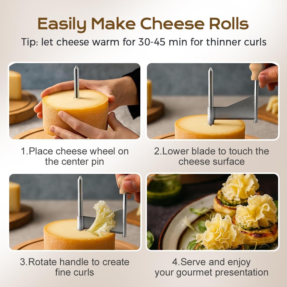 Cheese Curler Wheel, 2026 New Stainless Steel Cheese Slicer, Sharp Blade Cheese & Chocolate Shaver with Wooden Base, Create Cheese Rose Flowers (With Cover)