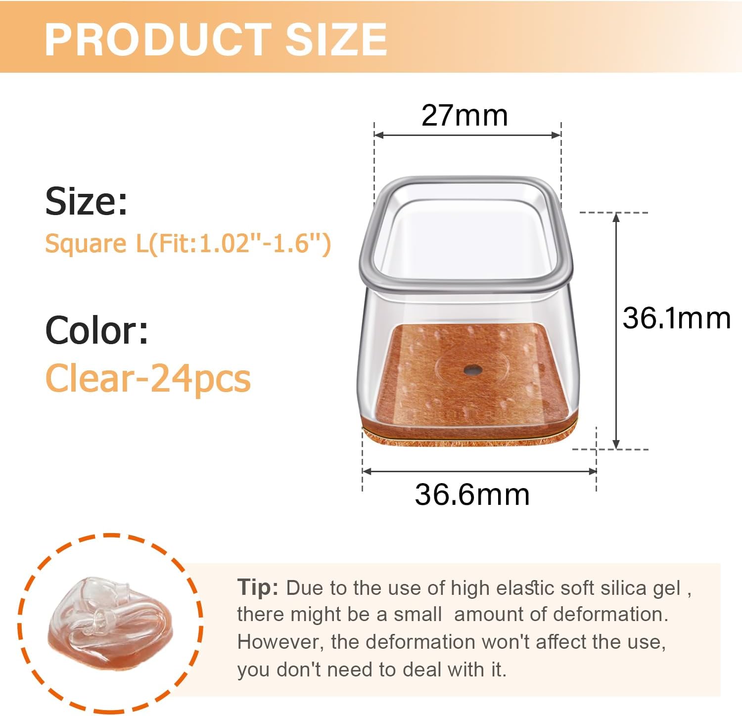 Ansible 24 pcs Square Large Chair Leg Floor Protectors, Furniture Felt Pads Silicone Covers caps for Chairs,Chair Leg Protectors for Hardwood Floors (Large fit:1'' to 1-5/8'')