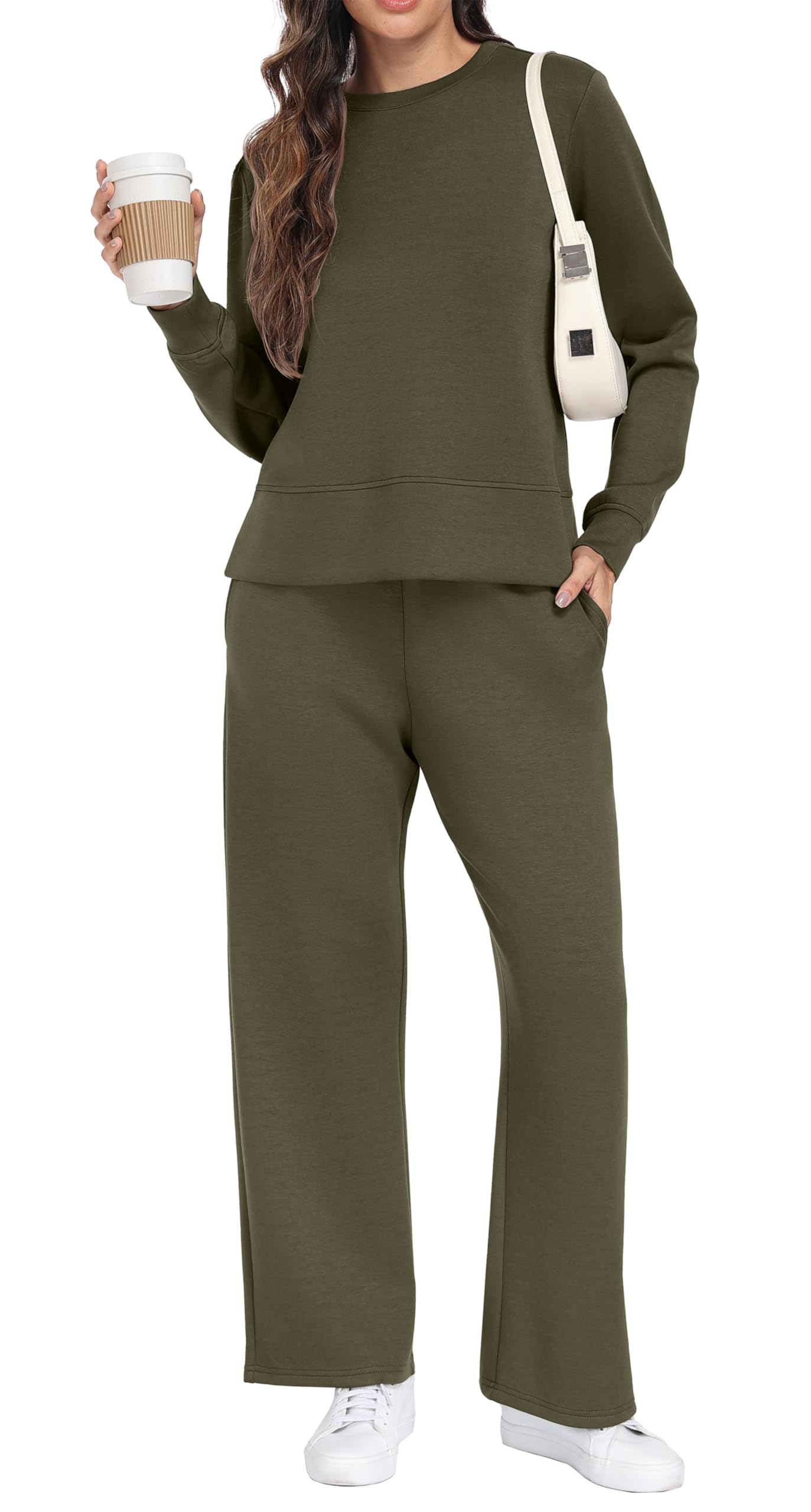GRECERELLE Conjunto completo de dos piezas para mujer, conjunto de ropa de descanso de manga larga para mujer, casual, cuello redondo, pantalones de chándal con bolsillos