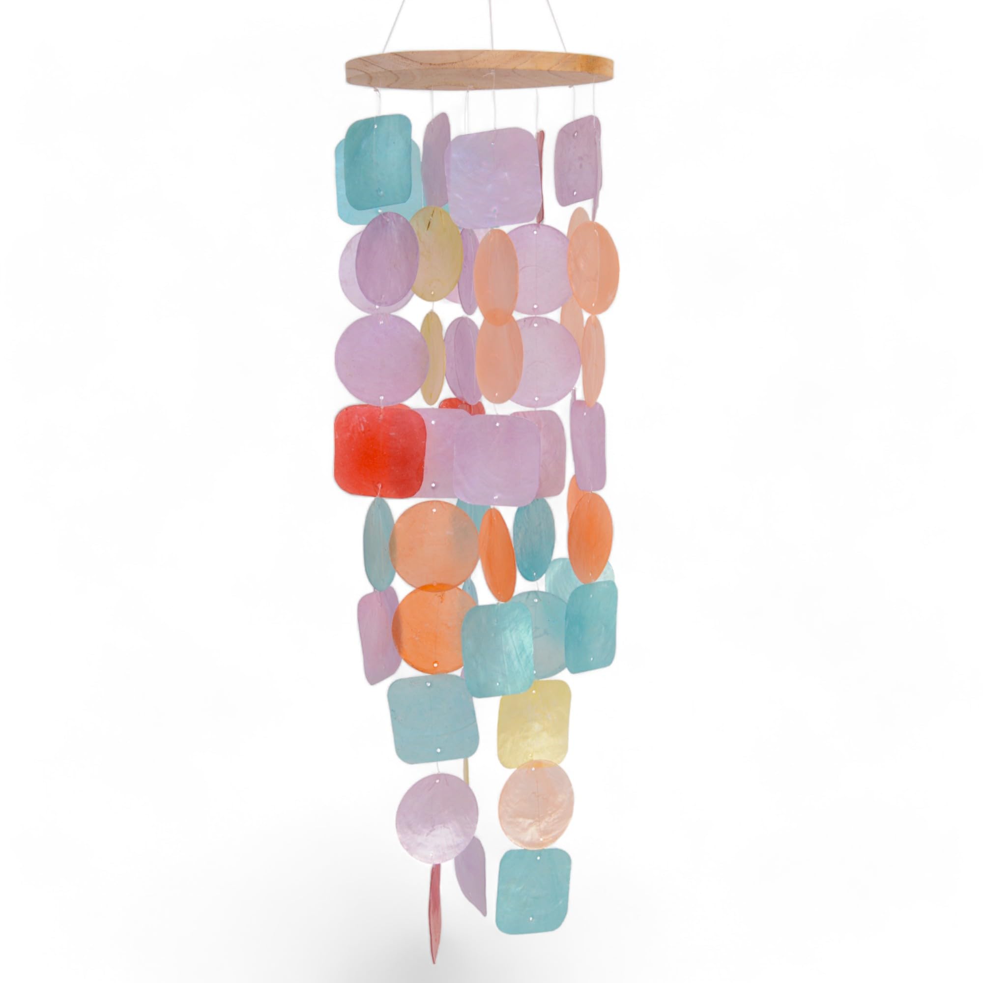 MIJOMA Carillon Capiz fatto a mano, colori pastello, supporto in legno, L.14,5/L.14,5/H.48 cm, mobile, decorazione da interno e suono da giardino