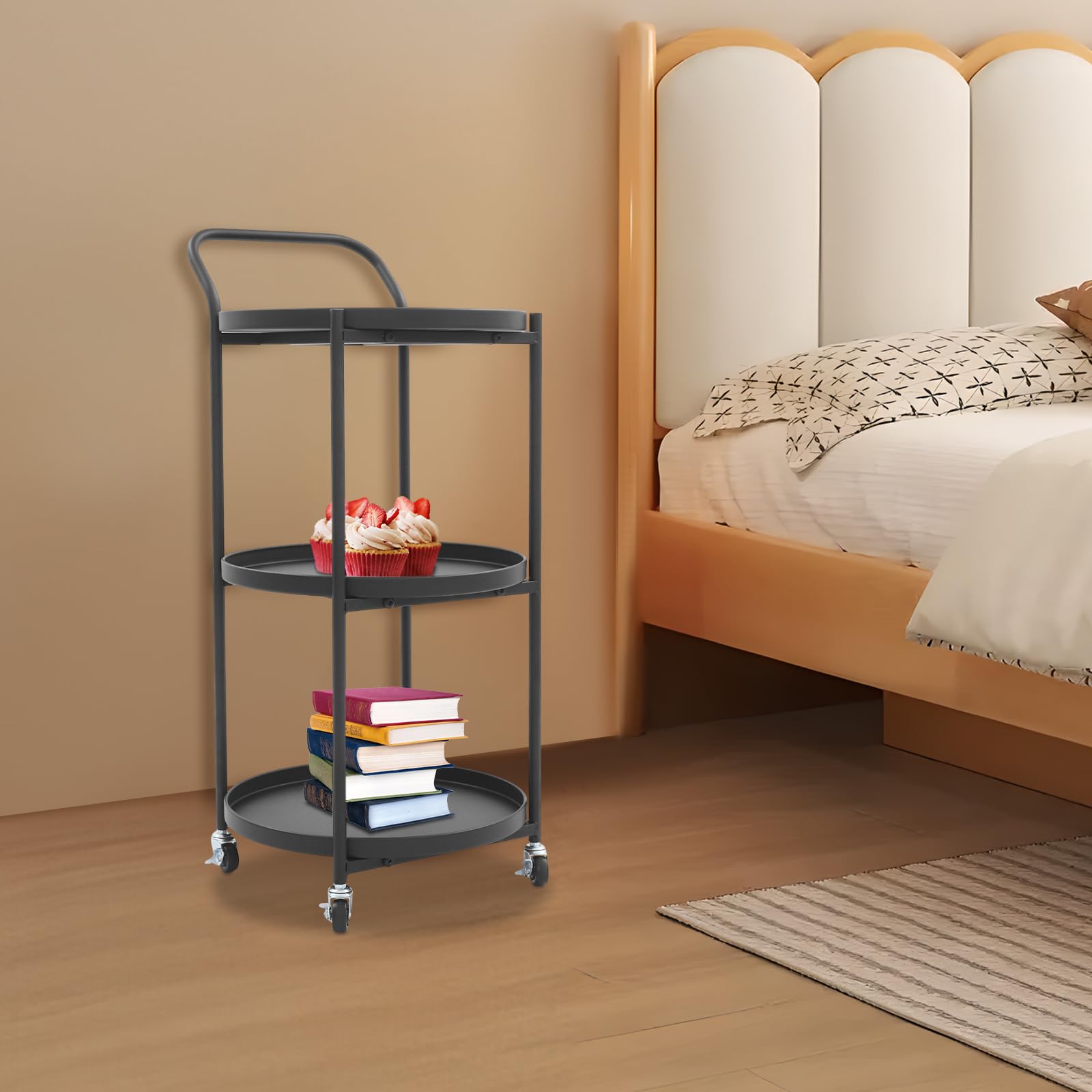 3-poziomowy wózek na kółkach – metalowy wózek kuchenny na kółkach do napojów i przechowywania, elegancki, okrągły design do kuchni, salonu i domowego baru