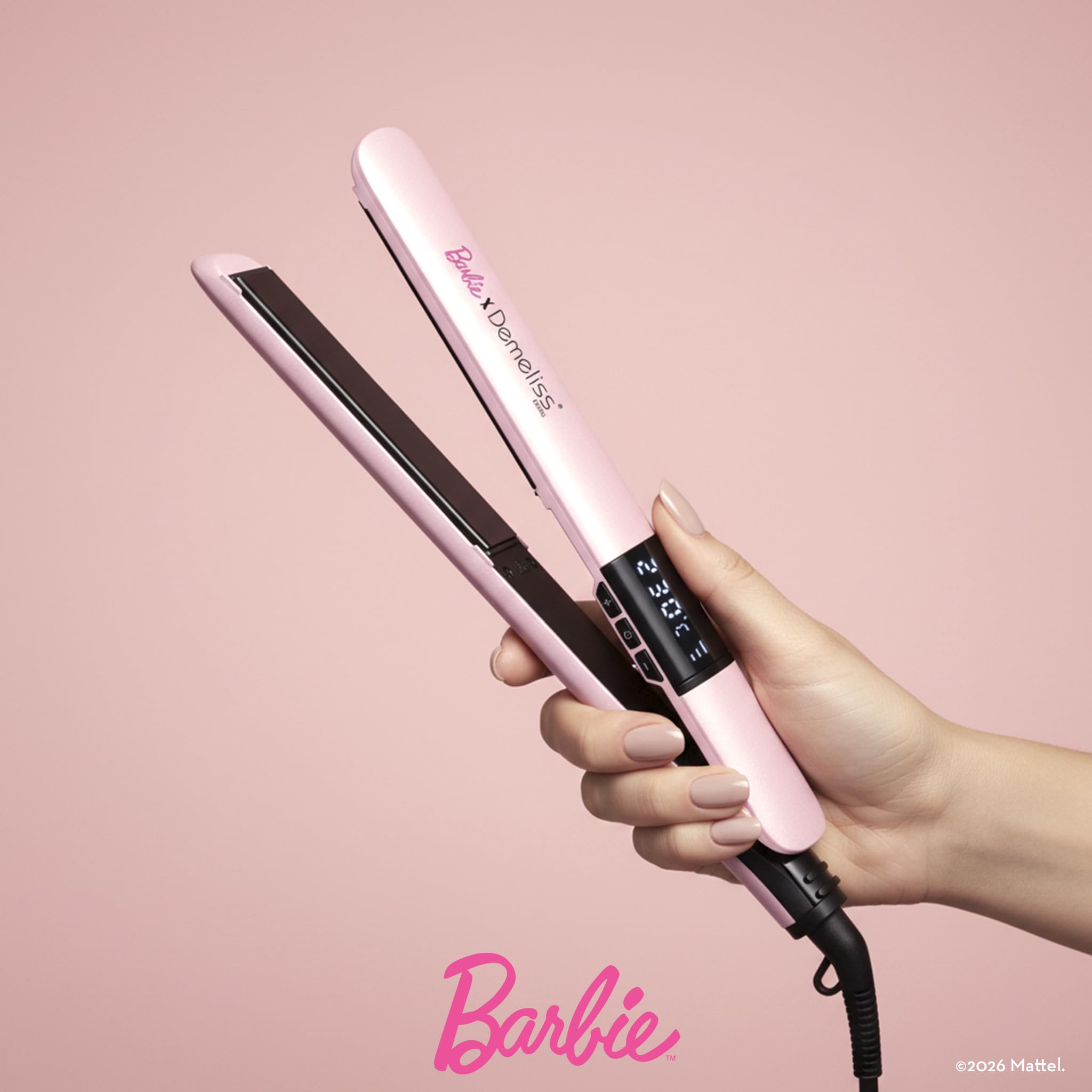 Demeliss Pink - Piastra 2 in 1 Barbie – Piastre sottili in ceramica tormalina infusa cheratina – Levigatura netta, riccioli rimbalzati – Temperatura regolabile da 150 a 230 °C – Design ergonomico