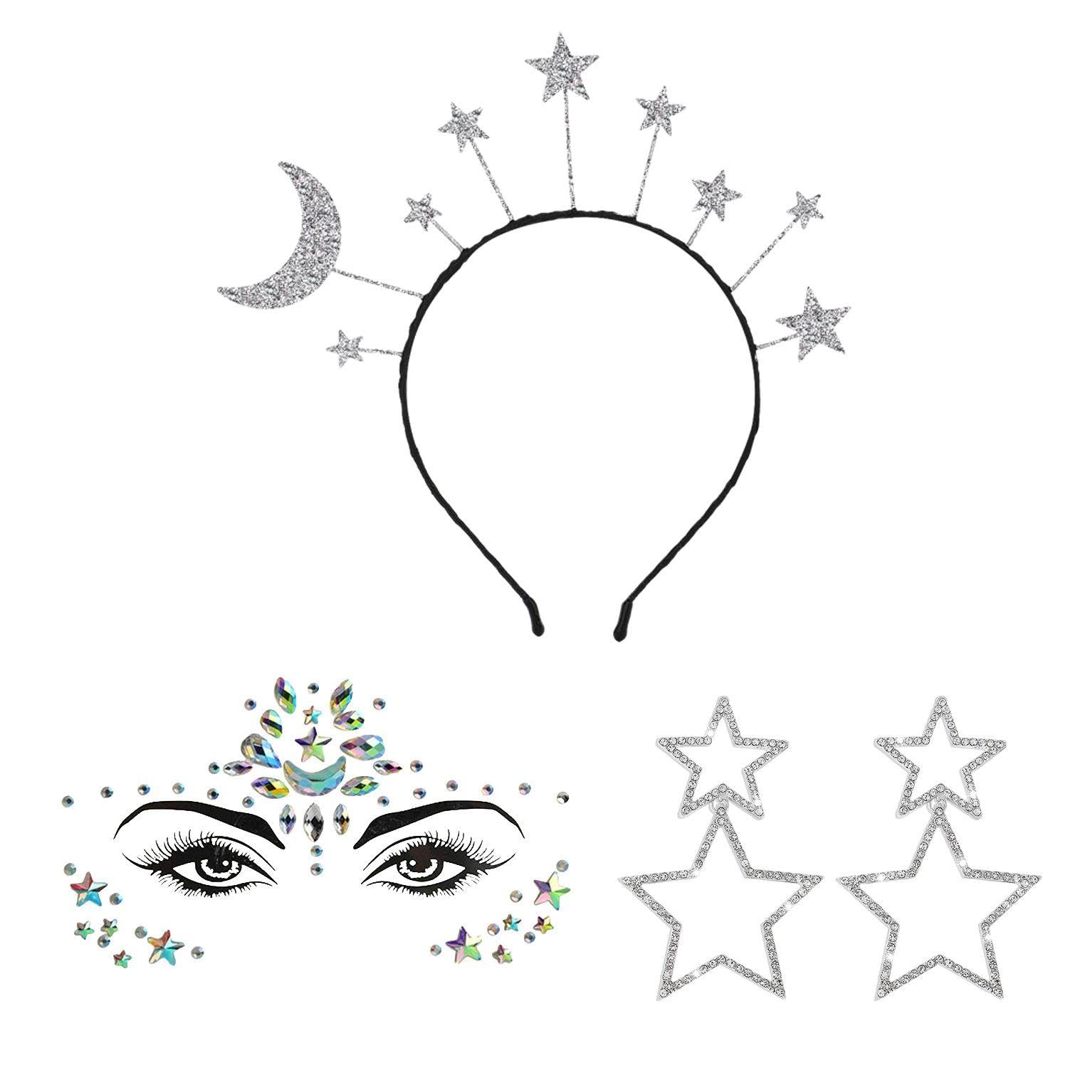 1 Star Moon Headband, 1 Rhinestone Face Patch, 1 Pair Of Star Earrings, Women'S Fashionable Star Headband