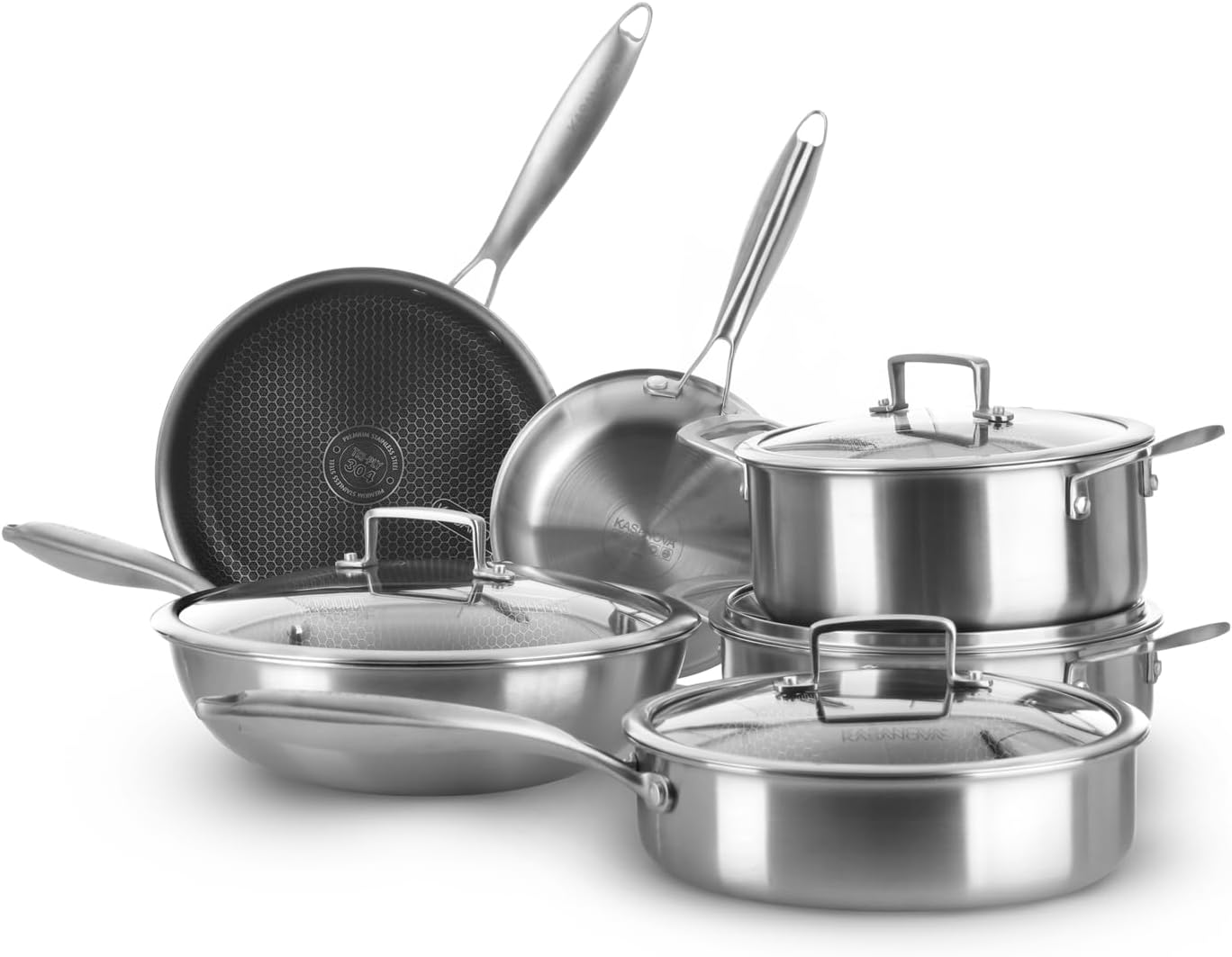 10-piece Tri-Ply Stainless steel cookware set, Professional-grade Tri-Ply construction, Metal utensil safe, Induction pots and pans set, oven-safe 428°F