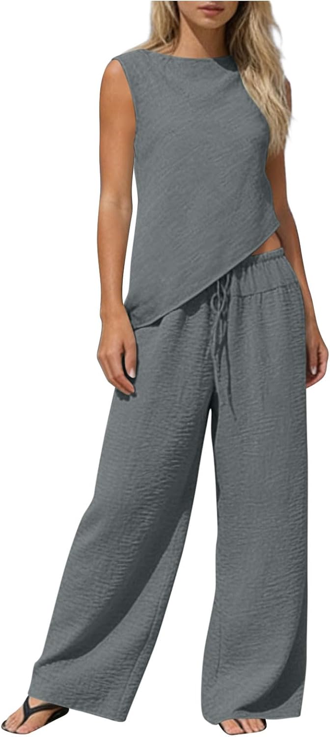 Women Trendy Travel 2 Piece Set Round-Neck Sleeveless Tank Top Casual Wide Leg Beach Pants with Pockets