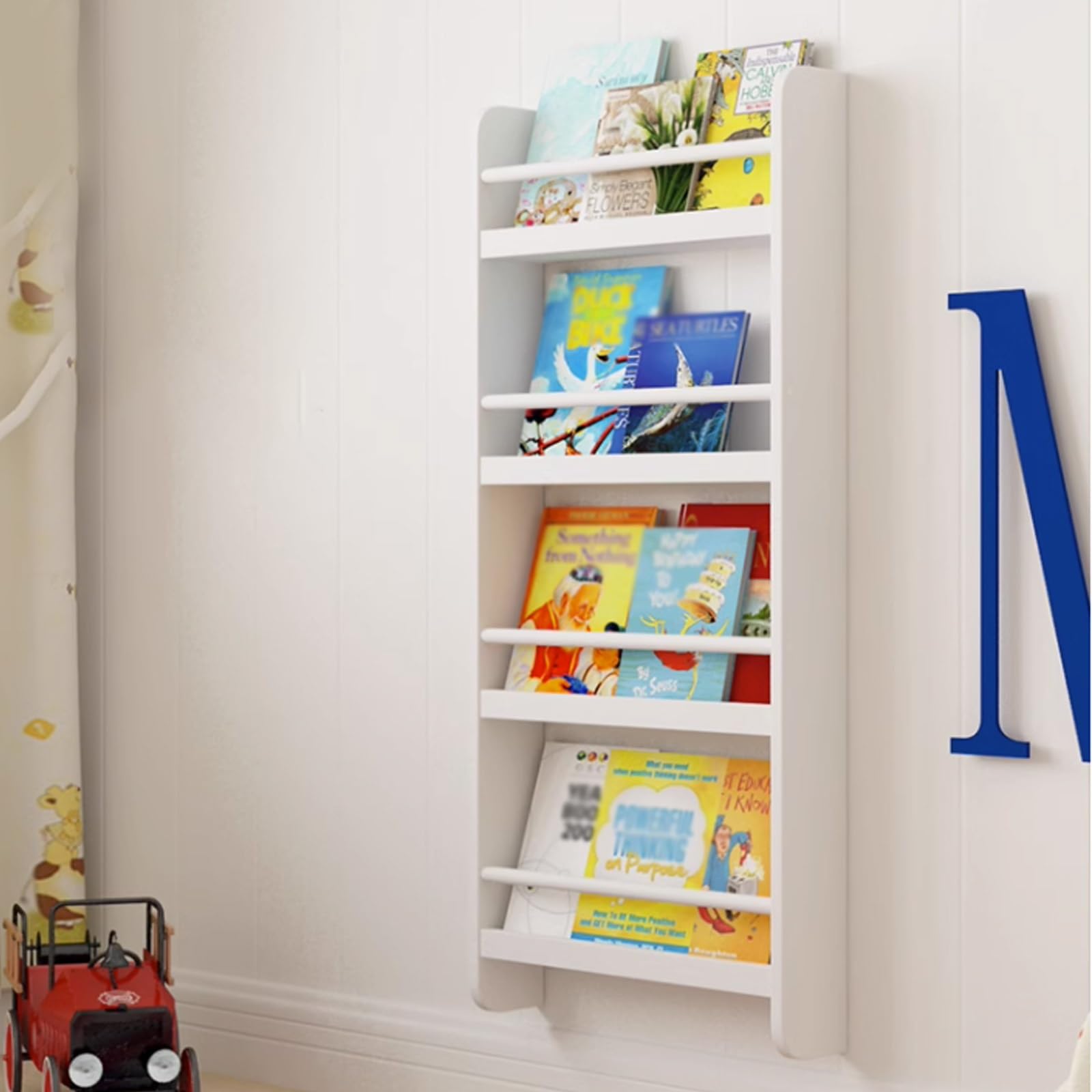 Libreria da parete per bambini, in legno di pino, colore bianco, per libri illustrati, dimensioni: 50 x 12 x 118 cm