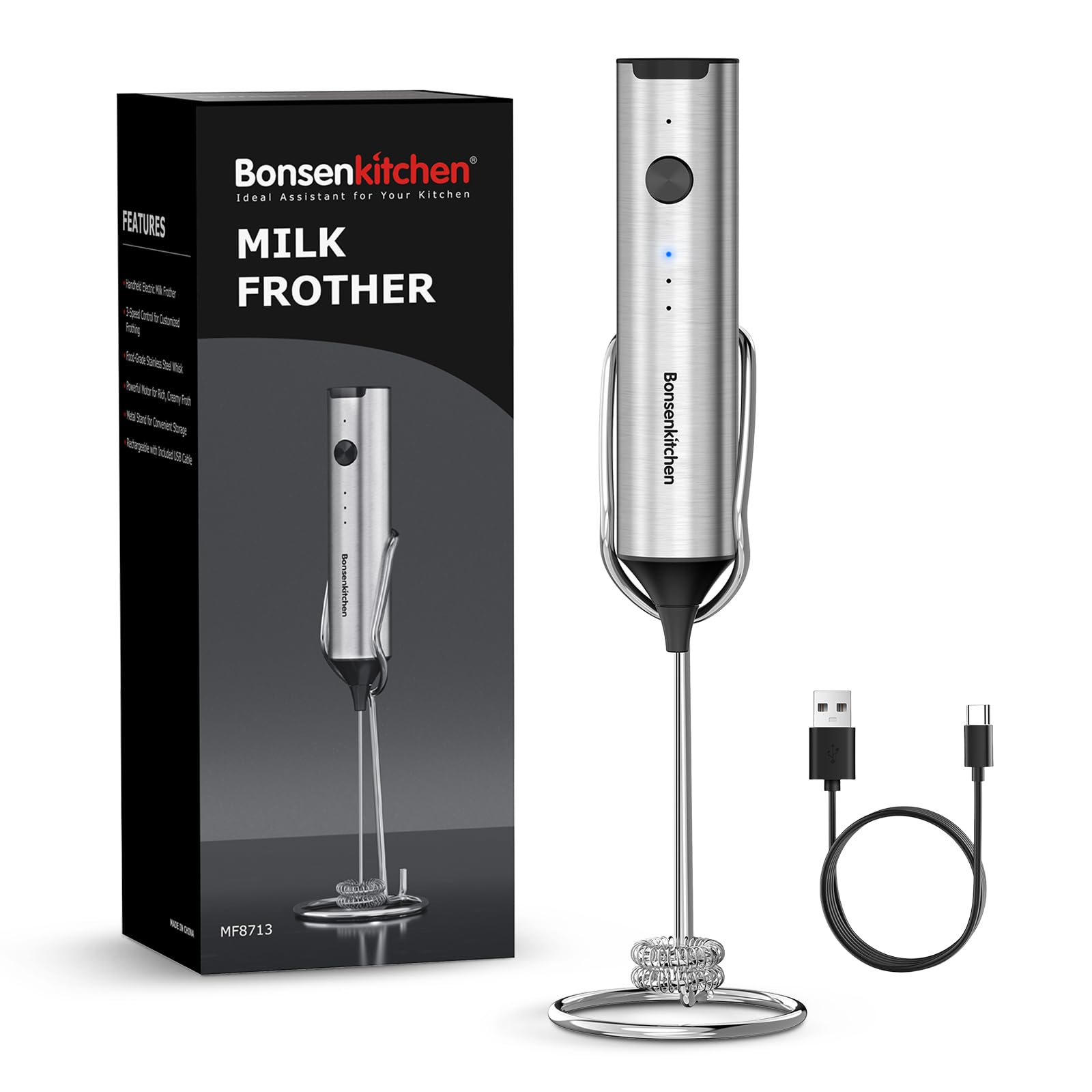 Bonsenkitchen Wiederaufladbarer Milchaufschäumer, 3-Geschwindigkeiten | Handmilchaufschäumer mit Ständer, Abnehmbarer Edelstahl-Mixer, Geräuscharmes Design, Für Latte, Matcha, Küchengeschenk