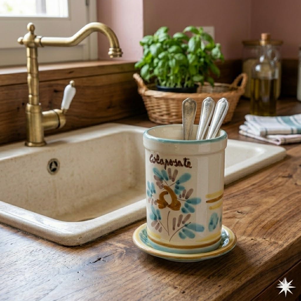 CEAR Ceramiche - Colaposate, barattolo scolaposate da cucina con piattino in ceramica artigianale siciliana H cm 13