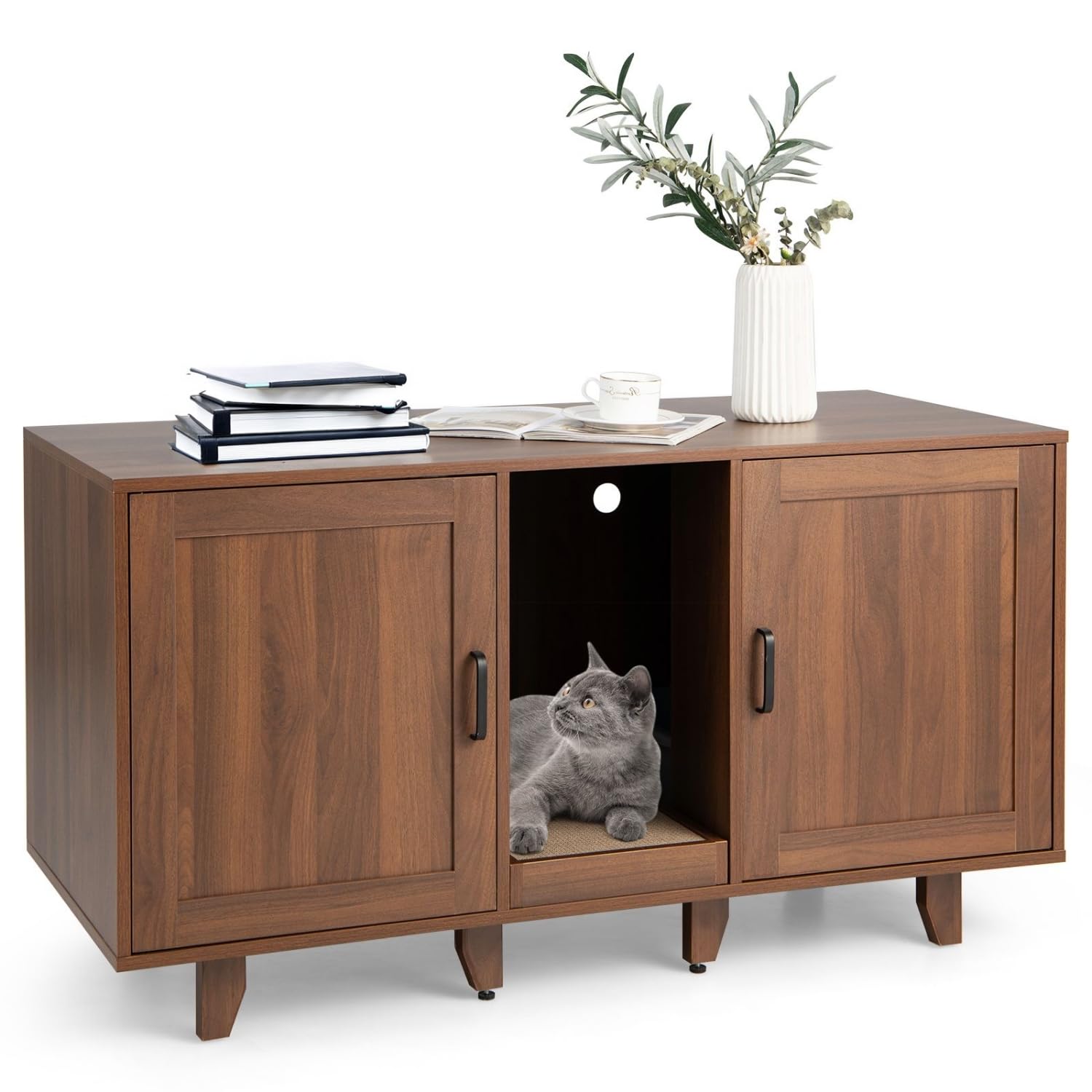 SedolCat Litter Box Enclosure - Wooden Hidden Litter Box with Scratching Board - Indoor Cat Litter Box Furniture Cabinet with Detachable Legs - TV Stand, End Table Cat Litter Furniture (Coffee)