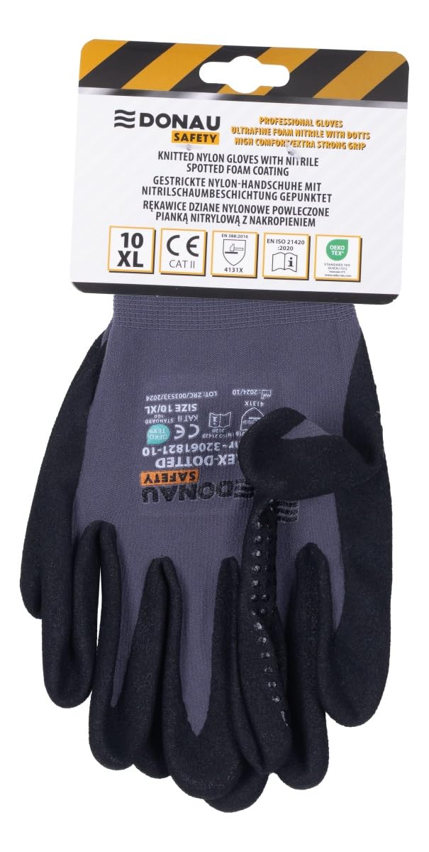 DONAU SAFETY Gants de travail Flex-Dotted avec picots antidérapants, taille 10/XL, 1 paire, gris-noir, pour mécaniciens, revêtement nitrile, légèrement résistant à l'huile, nylon