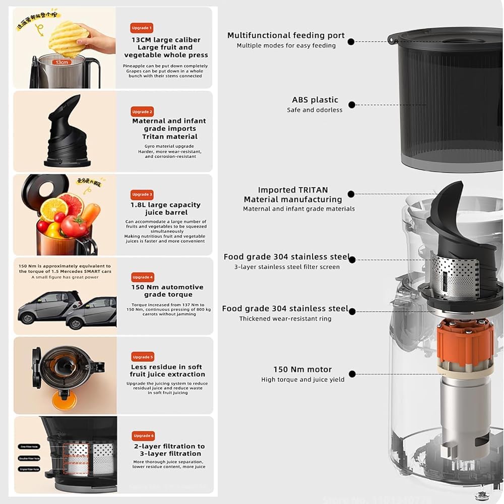 Exprimidor lento profesional de 300 W, exprimidor de prensado en frío con canal de alimentación de 13 cm, exprimidor portátil de separación de orujo para frutas, verduras, verde