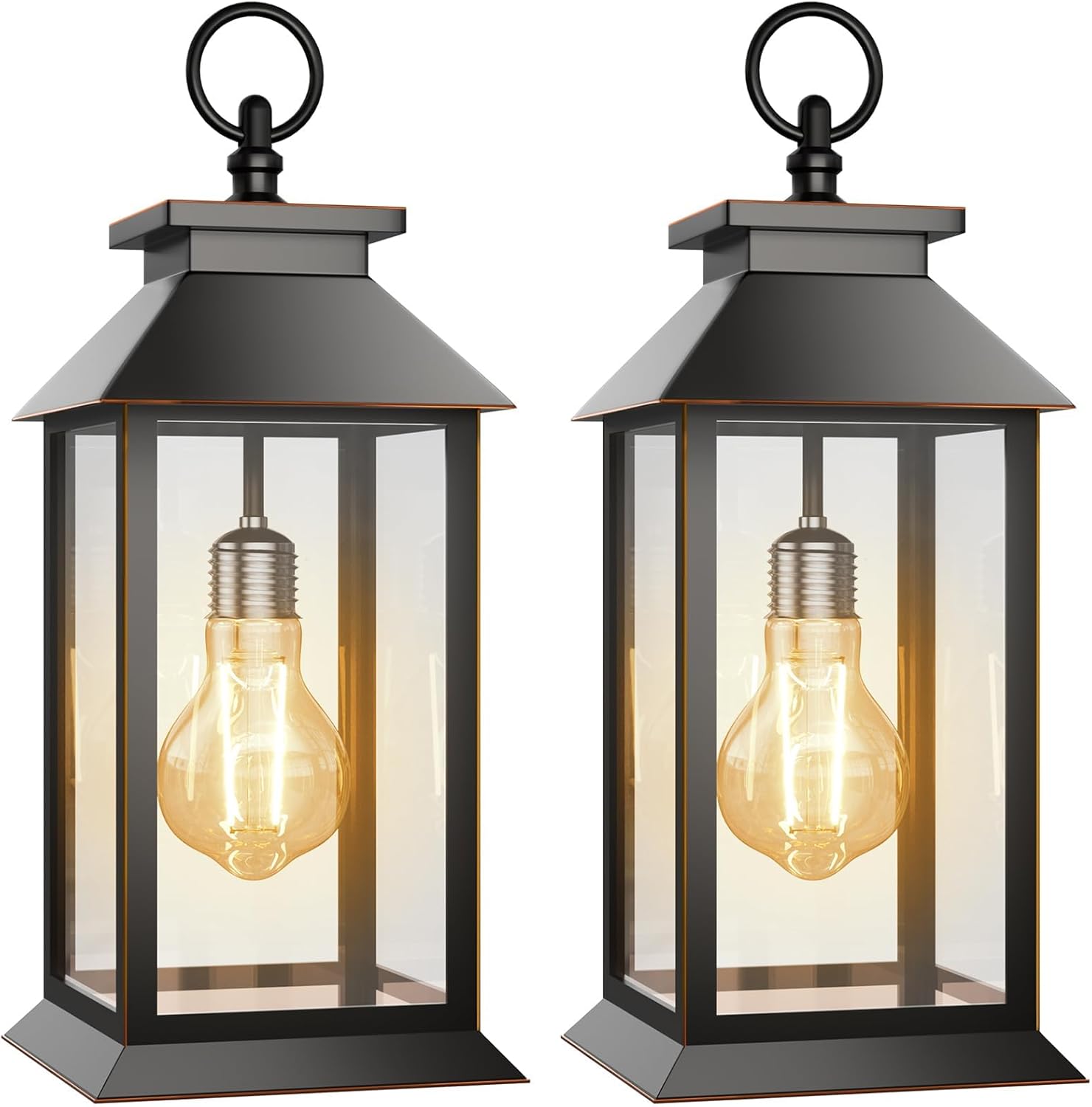 2 Pack Solar Lanterns Outdoor, Hanging Glass Solar Lights Waterproof, Dual Power Solar & 2*AA Battery, for Porch, Patio, Yard and Indoor Table or Mantel