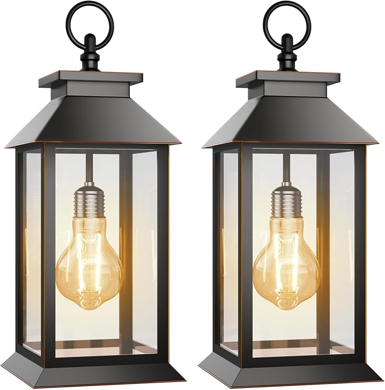 2 Pack Solar Lanterns Outdoor, Hanging Glass Solar Lights Waterproof, Dual Power Solar & 2*AA Battery, for Porch, Patio, Yard and Indoor Table or Mantel