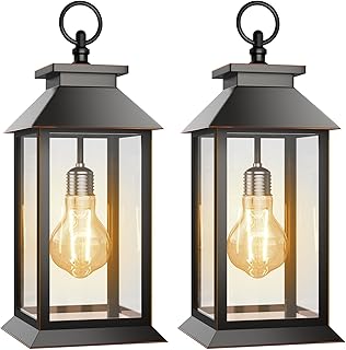 2 Pack Solar Lanterns Outdoor, Hanging Glass Solar Lights Waterproof, Dual Power Solar & 2*AA Battery, for Porch, Patio, Yard and Indoor Table or Mantel