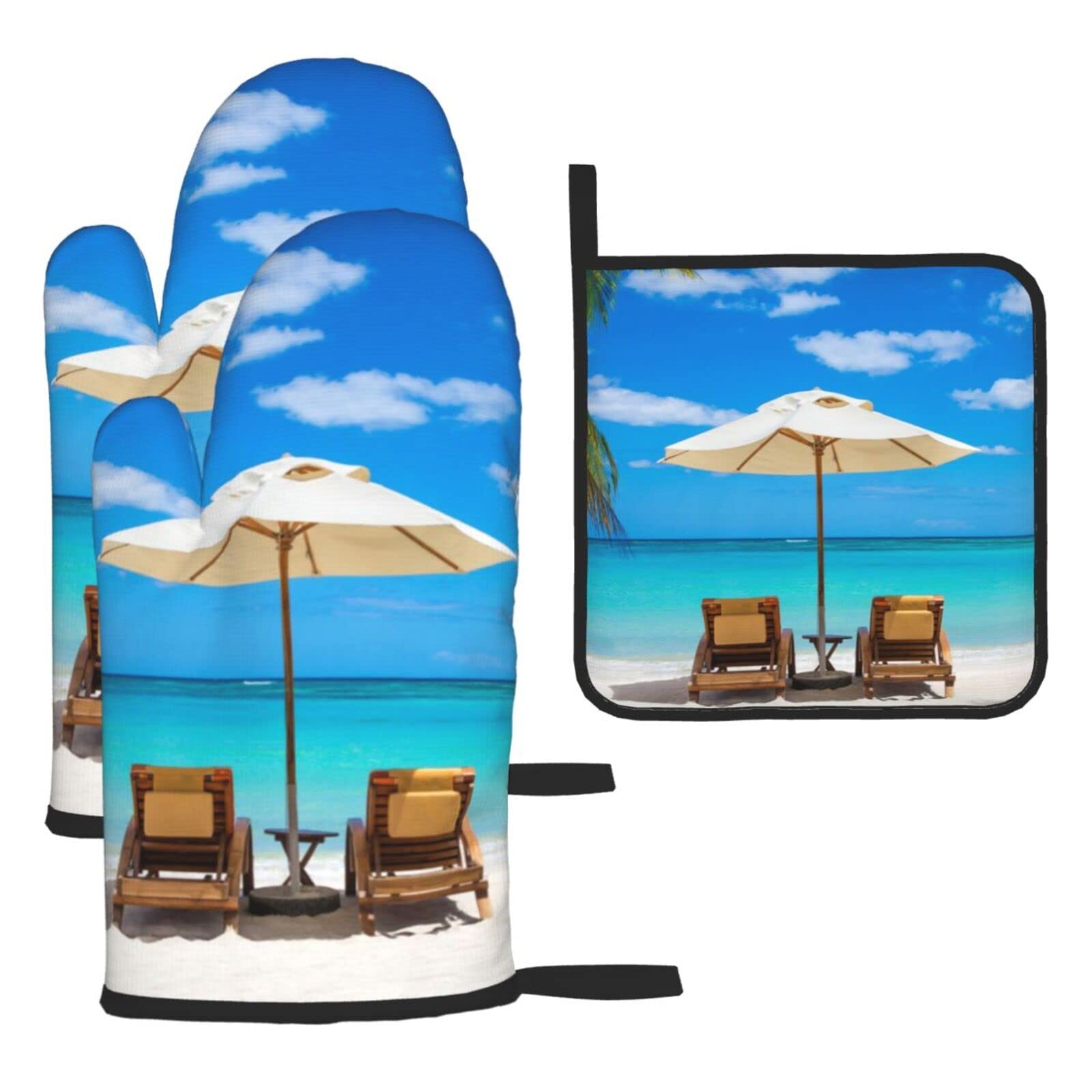 White Beach Tropical Sea Oven Mitts and Pot Holder Kitchen Set for Grilling, Cooking, Baking, Heat Resistant