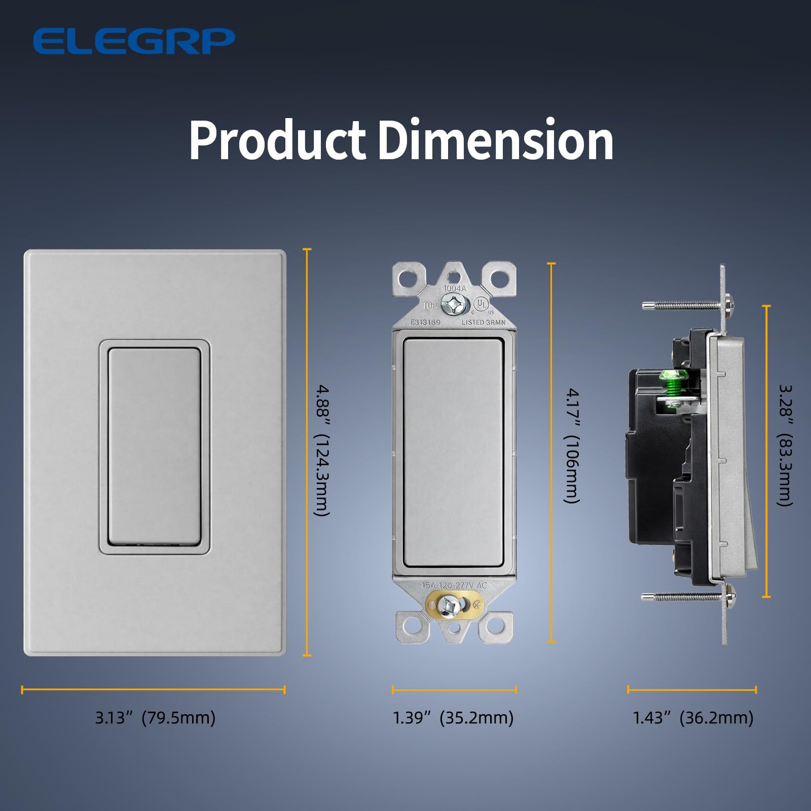 ELEGRP Interruptor de luz decorativo de un solo polo gris mate, 15 A 120/277 V, repuesto de interruptor basculante de pala, interruptor de pared de encendido/apagado, autoconexión a tierra, grado