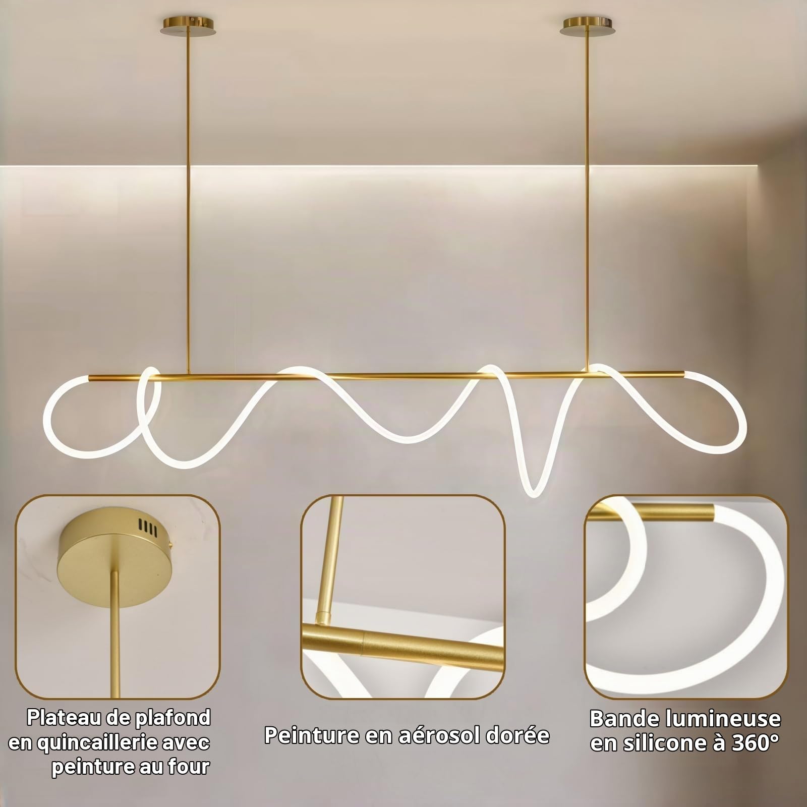 Jsz Suspension LED, Suspension Luminaire 21W Linéaire DIY, Lustre LED Suspendu Dimmable 3000K-6500K avec Télécommande, Suspendu Cuisine Moderne pour Salle à Manger Salon (Or, 120CM)