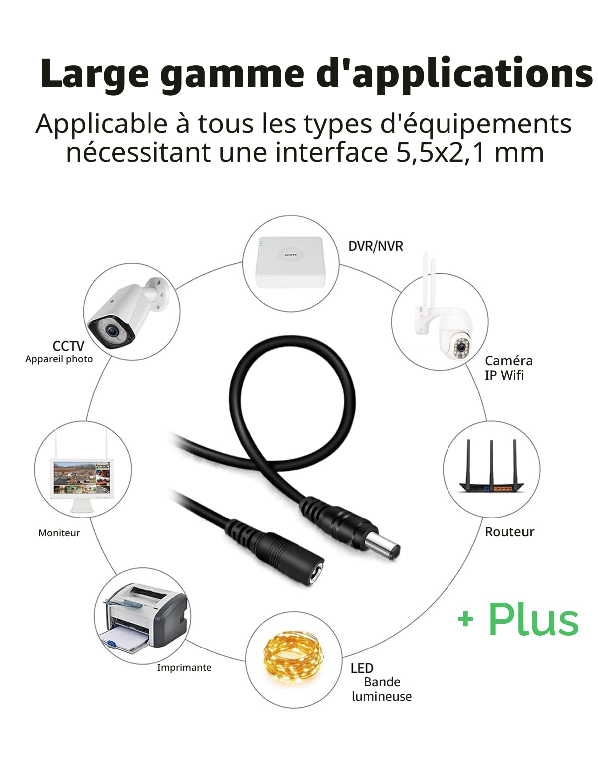 Tonton Cordon d'extension d'alimentation 12V DC 1M 2.1mm x 5.5mm Noir