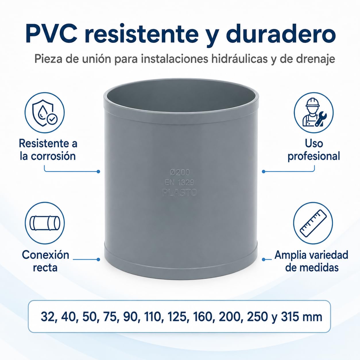 Manguito PVC para Unión de Tuberías de Saneamiento y Evacuación | Conector Recto para Empalmar Tubos PVC | Accesorio de Fontanería Disponible en Varias Medidas (315mm)