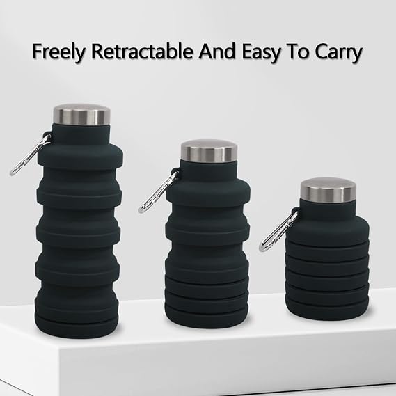 Collapsible Water Bottle, Foldable Water Bottles 17oz, Portable Leak Proof Sports Water Bottle, BPA Free Reusable Travel Water Bottle, Silicone Collapsible Water Bottles with Carabiner (Black)