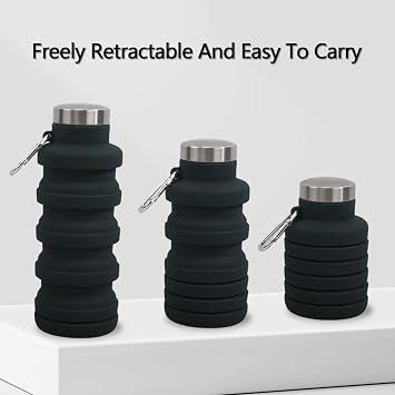 Collapsible Water Bottle, Foldable Water Bottles 17oz, Portable Leak Proof Sports Water Bottle, BPA Free Reusable Travel Water Bottle, Silicone Collapsible Water Bottles with Carabiner (Black)