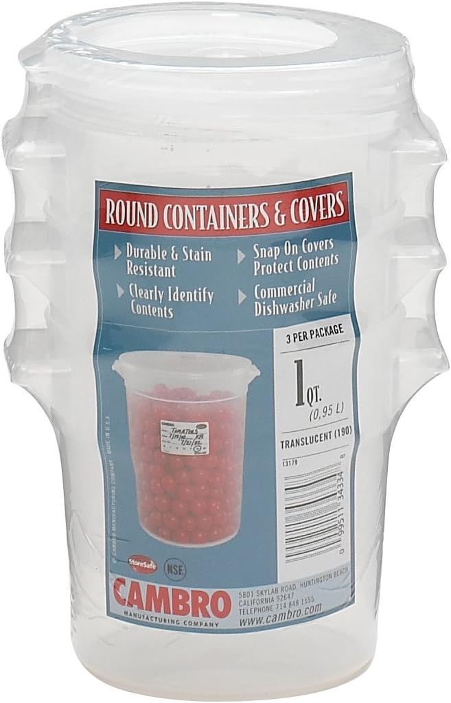 Cambro 1Quart Round FoodStorage Container with Lid, Set of 3 Kitchen Storage And