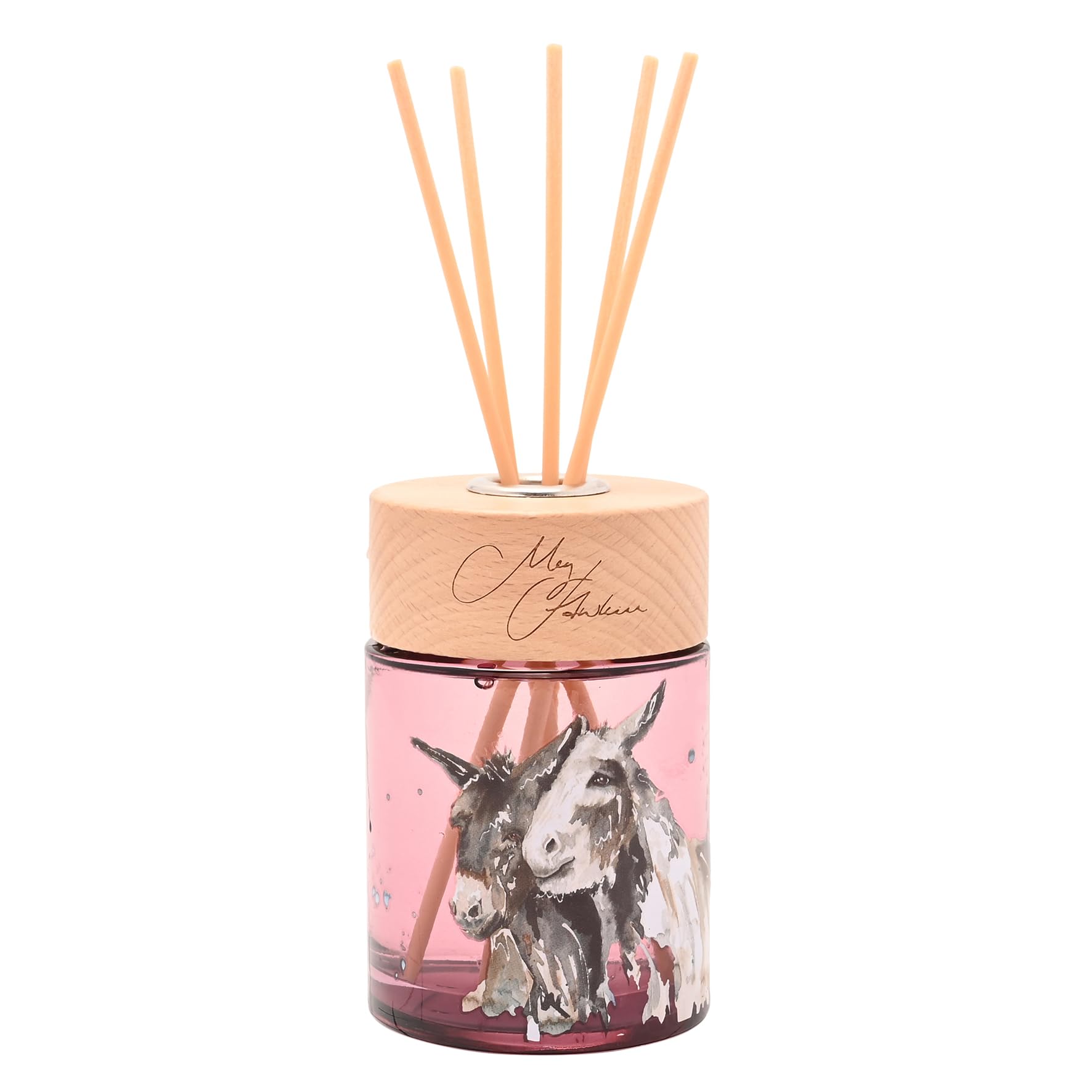 Widdop And Co Pink Meg Hawkins 150Ml Reed Diffuser – Donkey Wildflower Meadow Scent – Glass Bottle And Gift Box With Watercolour Wildlife Design – Long-Lasting Home Fragrance