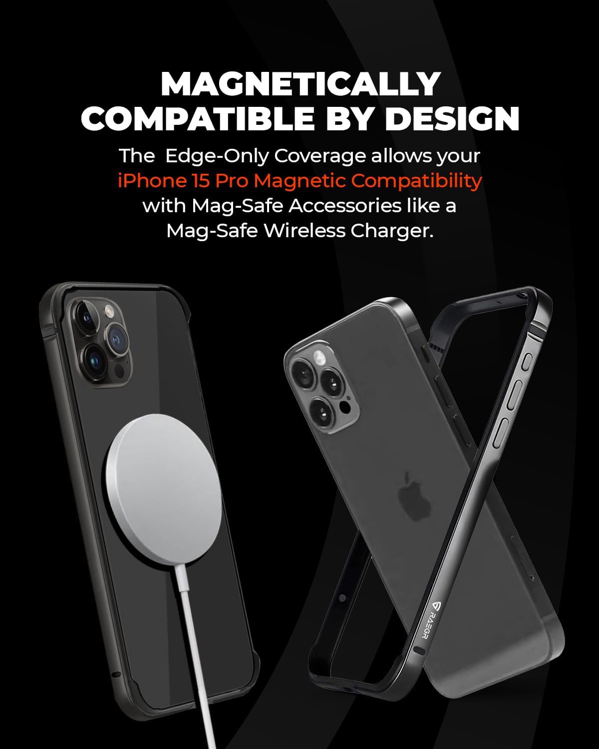 RAEGR Phone Case | Anodized Aluminum Bumper Case | Supports Magnetic Wireless Charging | Edge Armor Protective Minimal Case Compatible with iPhone 15 Pro (6.1-Inch) (2023) - Black RG10511
