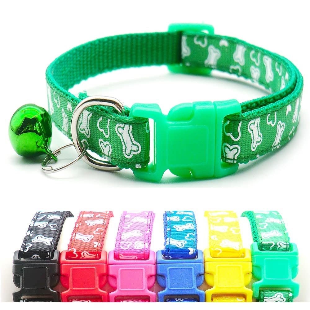 Small Dog Puppy Pet Collar White Bone Design with Bell Nylon Adjustable Size 19-32cm Green, XS