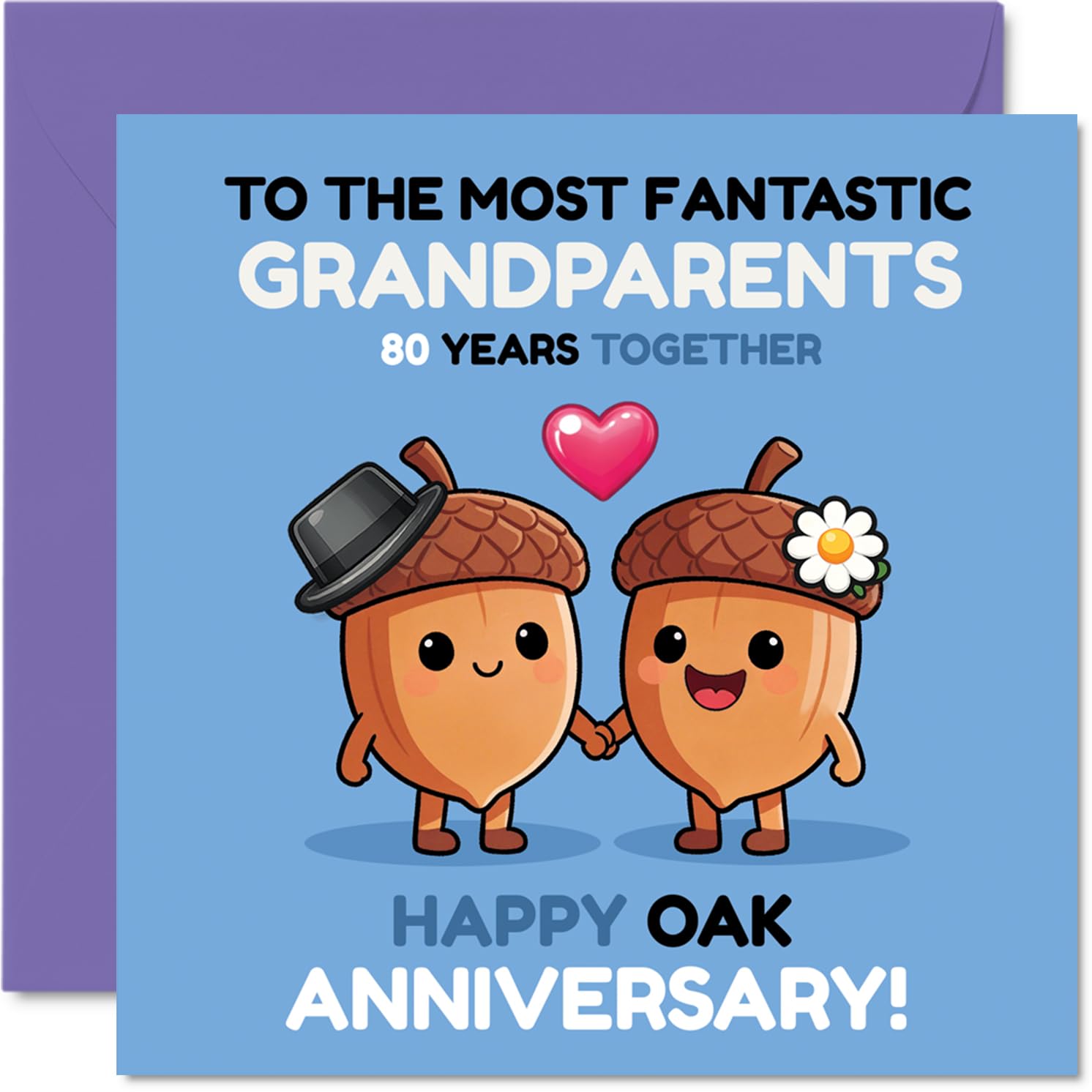 Sentimental 80th Anniversary Card for Grandparents - Celebrating 80 Years of Love - Cute Acorns in Blue and Purple - 145mm Square, Envelope Included