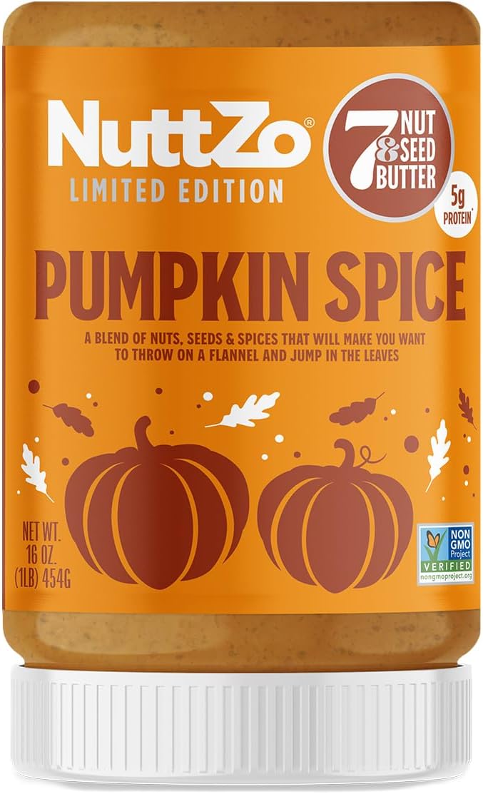 NuttZo Pumpkin Spice Power Fuel 7 Nuts and Seeds Butter, Seasonal Edition, Made with Cashews, Almonds, Brazil Nuts, Flax Seeds, Chia Seeds, Pumpkin Seeds, and Hazelnuts, 5g Protein, 16 oz Jar