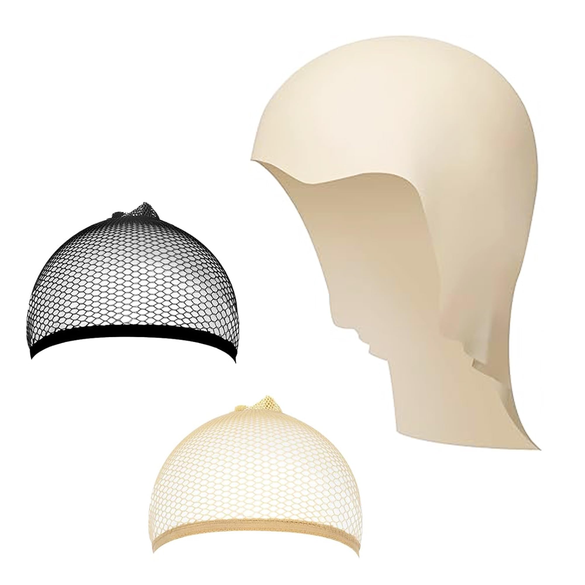 XCSJ Latex Make Up Bald Cap and 2 Wig Caps, Wig Cap Bald Cap Cosplay Accessories Latex Bald Cap for Make-Up, Halloween, Christmas, Cosplay, Fancy Dress Carnival (Large Size)