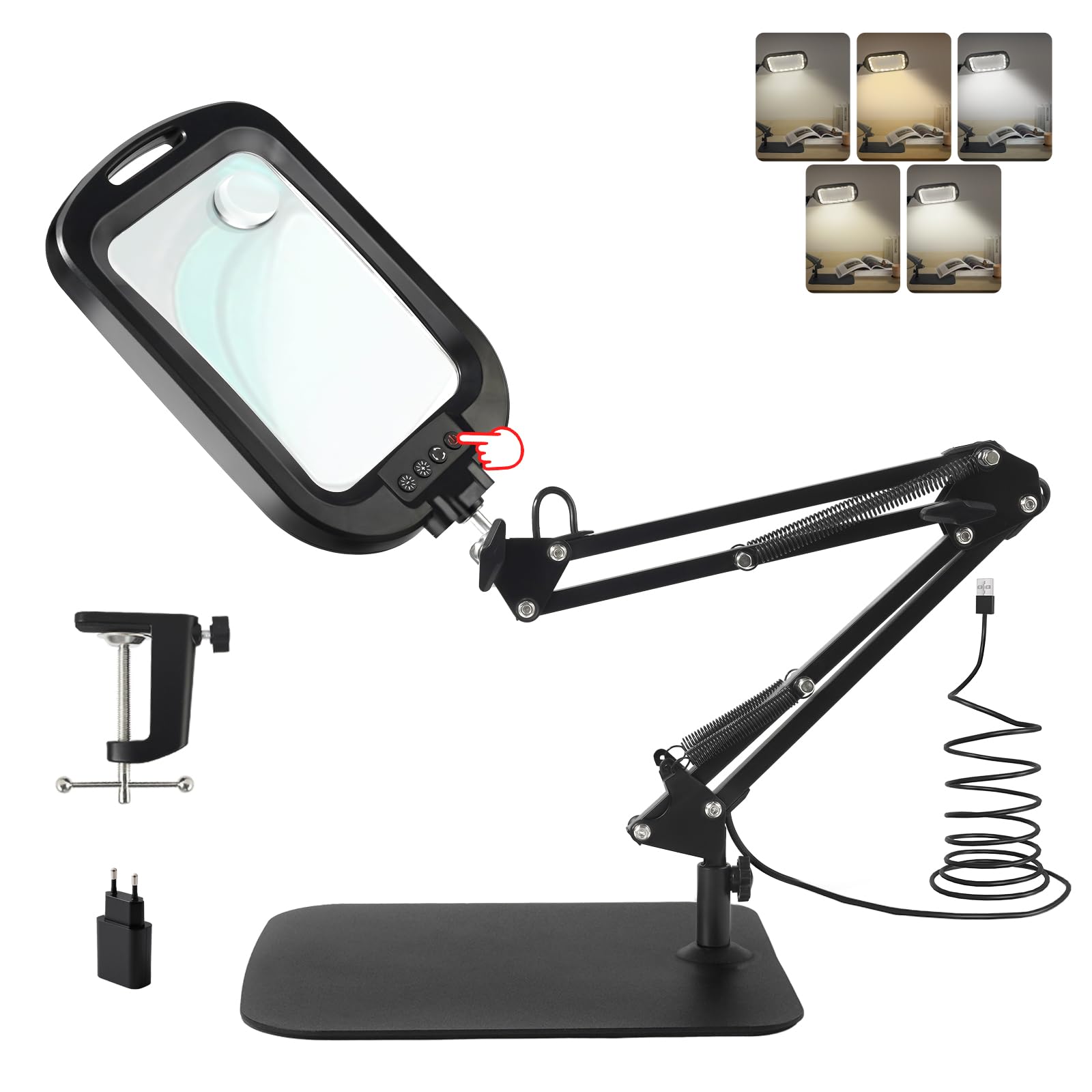 GABORISH 10X 30X Magnifying Glass with Light and Stand, Square Magnifying Lamp with 60 LEDs, 5 Colour Modes &Dimmable, Hands-Free 2-in-1 Magnifier with Light&Clamp for Reading Hobbies Craft Close Work