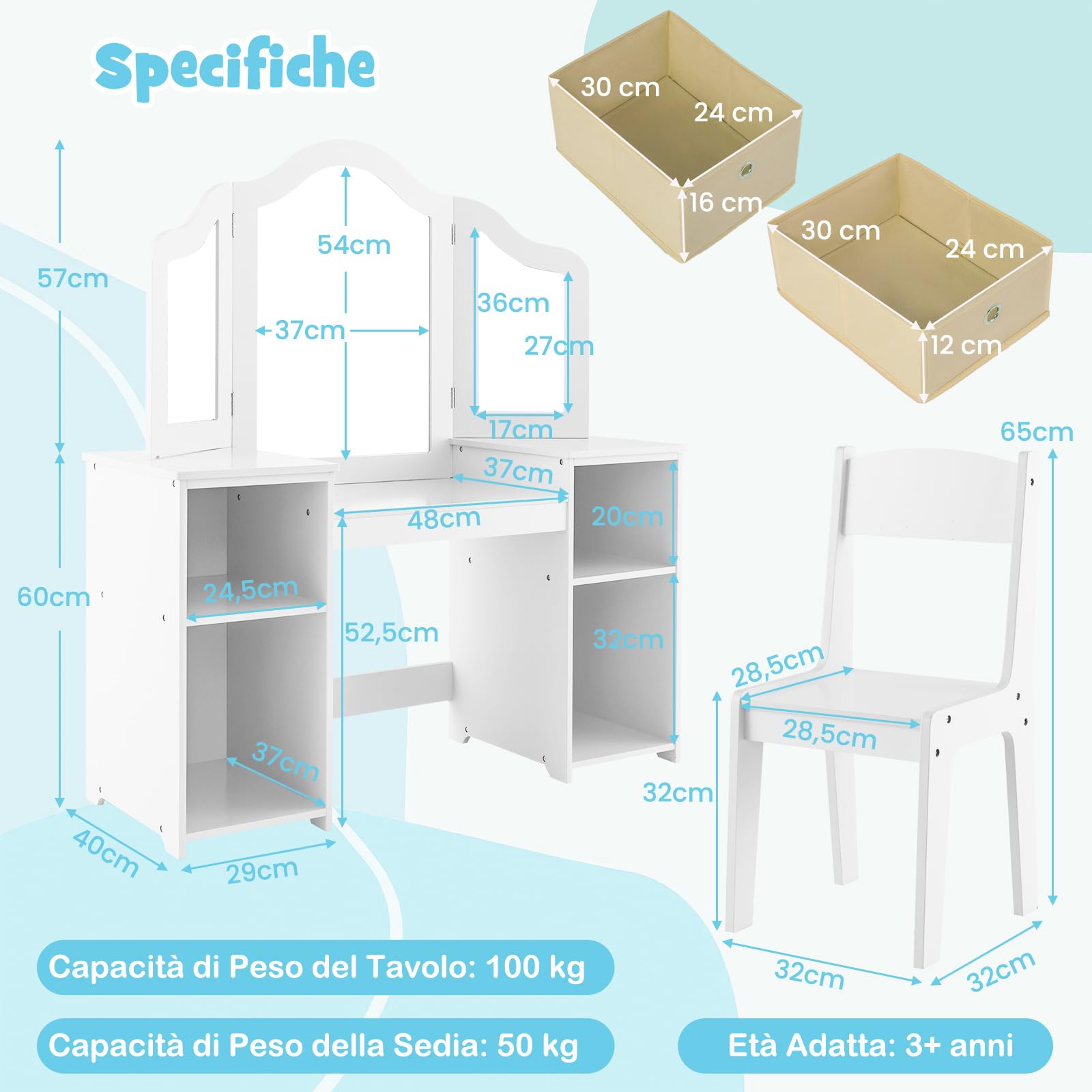 COSTWAY Toeletta Trucco 2 in 1 per Bambina, Specchiera Staccabile per Ragazza in Legno Robusto con 4 Cassetti in Tessuto, Sgabello e Specchio, Postazione Trucco per 3 Anni, 104 x 40 x 117 cm (Bianco)