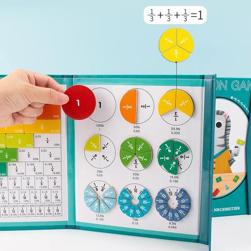 SYSVENT The Future Education Magnetic Fractions Gain Wooden Book Toys, Educational Math Tiles and Fraction Circles, Set of 102 Pieces with 3 Card Set,Gift for kisd Ages 3+ Education Toy 4