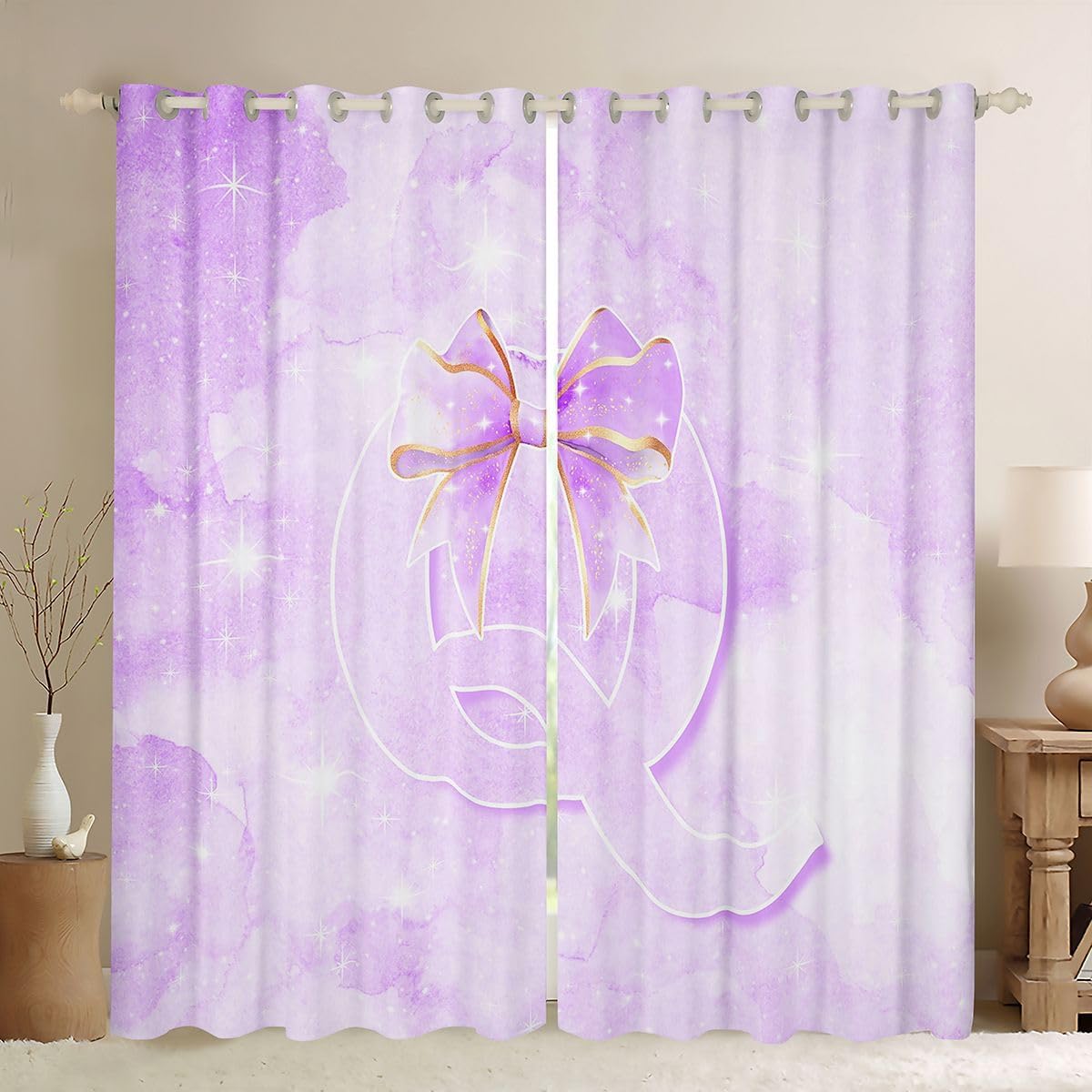 Feelyou Cute Purple Bow Blackout Curtains Bow Knot Darkening Drapes for Bedroom Living Room Decor Kawaii Thermal Insulated Shades Princess Bowknot Window Treatments, 2 Panels 38 x 54 Inch